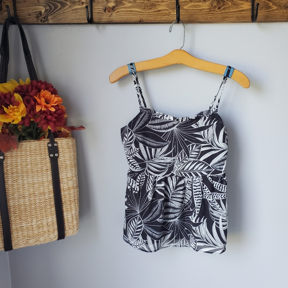 Banana Republic Black & White Tropical Leaf Print Tank Top XXS